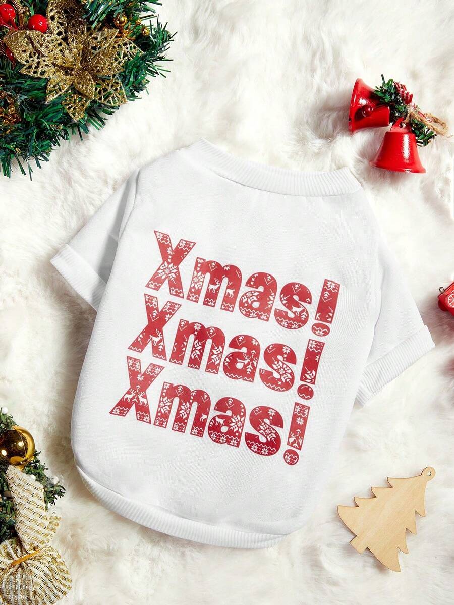 PETSIN 1pc Pet Christmas Xmas Letter Graphic White Sweatshirt, Christmas Gift - White - View 1