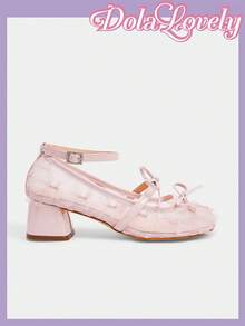 Dola Lovely 女士浅粉色圆头高跟鞋，粗跟女士低帮网眼透气蝴蝶结玛丽珍鞋，时尚百搭夏季鞋履
