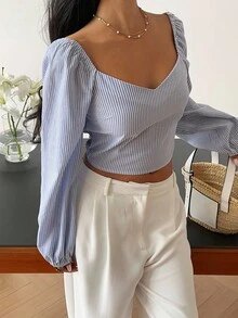 Serisse Chemise courte à col en cœur et manches raglan rayée pour femme - Bleu azur - Voir 3