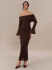 Modelyn 女士金属褶皱露肩喇叭袖闪亮优雅连衣裙 - 咖啡棕 - 查看 7