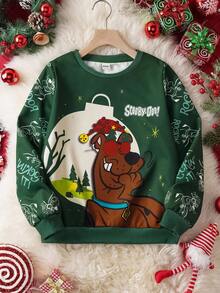 SCOOBY-DOO X SHEIN Sudadera de cuello redondo de manga larga con estampado de dibujos animados navideños para niño preadolescente