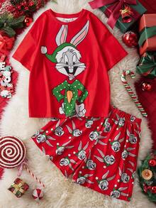 LOONEY TUNES X SHEIN Conjunto informal de camiseta de manga corta holgada con estampado de conejo y pantalones cortos para niña preadolescente, conjunto a juego para la familia en Navidad
