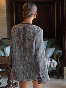 DAZY مجموعة جاكيت صدرية بدون أكمام ذات رقبة على شكل حرف V وبلوزة كاجوال بأكمام طويلة، لون متباين، قطعتان، خريف/شتاء رمضان - رمادي - مشاهدة 2