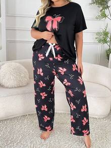 Slumberry CURVE Conjunto de pijama de manga corta y pantalón largo con estampado de lazo, talla grande - Multicolor - Ver 4