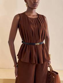 Zivah Summer Chic Dark Brown 2-Piece Set:Sleeveless Pleated A-Line Top & Wide Leg Pants,Brunch,Vacation,Beach,Cruise Travel,Streetwear Boho Outfit For Women - Brown - View 6