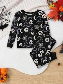 Toddler Boys' Halloween Pajamas Set, Black Base With Skull, Bat, Pumpkin, Spider Web, Moon Prints, Stretchy Knit Fabric, Comfortable Long Sleeve Top And Pants  Snug Fit Tight Fit Pajamas Boys Halloween Pajamas Toddler Boys Pajama Sets Boys 2 Piece Pajamas Halloween Boy Clothes Snug Fit Tight Fit Pajamas Fall Winter - Multicolor - View 1