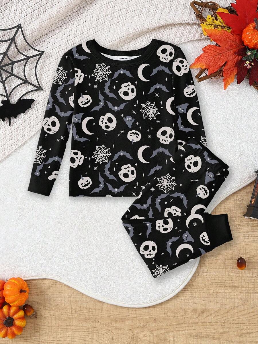 Toddler Boys' Halloween Pajamas Set, Black Base With Skull, Bat, Pumpkin, Spider Web, Moon Prints, Stretchy Knit Fabric, Comfortable Long Sleeve Top And Pants  Snug Fit Tight Fit Pajamas Boys Halloween Pajamas Toddler Boys Pajama Sets Boys 2 Piece Pajamas Halloween Boy Clothes Snug Fit Tight Fit Pajamas Fall Winter - Multicolor - View 1