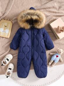 SHEIN 男婴/女婴厚保暖内衬纹理面料连帽拉链连体衣，适合雪地玩耍、室内外、秋冬季 - 藏蓝色 - 查看 6