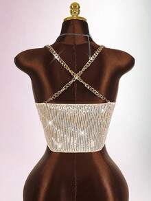 Amplova Top plus size feminino com alças finas e lantejoulas, moda verão