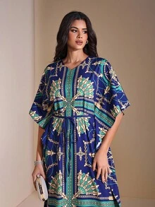 JIAN LASALA All-Over Print Blue Batwing Sleeves Boho Kaftan Maxi Dress Women Casual Vacation Wear Blue Maxi Dress Caftan Dress Print Maxi Dress Women Print Dress Motif Dress Print Dresses For Women Blue Maxi Dress Women Evening Dress Wedding Guest Luxury Stylish Clothing Collection - Multicolor - View 6