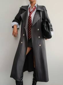 Aidyla Autumn Woven Loose Fit Cinched Waist Lapel Fashion Trench Coat, Grey Long Sleeve - Grey - View 3