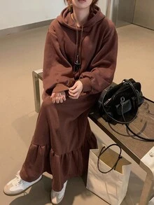 DAZY 女士纯色简约连帽长袖保暖长连衣裙，休闲日常穿着长款连衣裙 - 棕色 - 查看 6