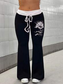 Maweii 大码女装秋冬常规街头风腰部抽绳撞色印花修身喇叭裤，黑白拼接 - 黑色 - 查看 4