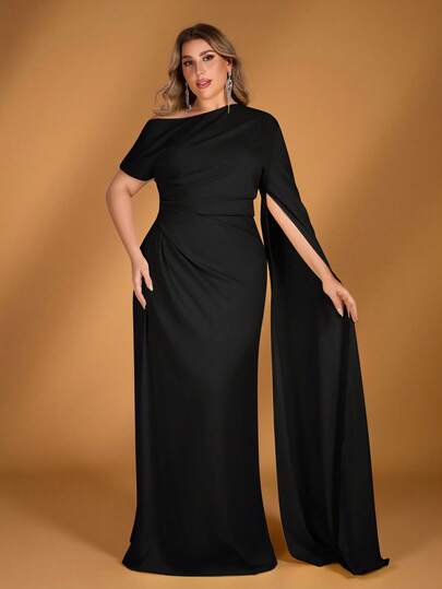 SHEIN Belle Đầm dài tay bồng dáng đuôi cá, thanh lịch, lãng mạn, cỡ lớn, thích hợp cho tiệc tối, hẹn hò, kỳ nghỉ, dạ hội, đám cưới, phù dâu, ngày Valentine.