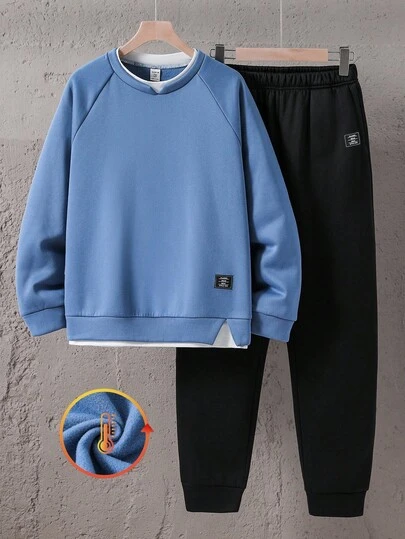 SHEIN 2 件/套青少年男童基本款休闲装饰标签细节二合一运动衫和抽绳运动裤套装，简约基本百搭，适合居家、通勤、上学、日常休闲、旅行、户外、派对、秋冬男童运动服青少年男童运动服男童运动服套装男童 2 件套儿童慢跑套装秋季秋冬男童慢跑套装