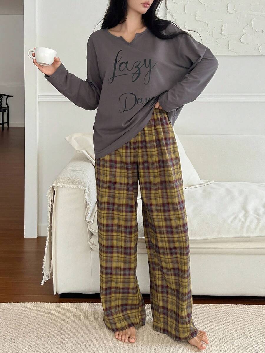 DAZY 2 件套女士宽松文字印花长袖上衣和格子裤睡衣套装，秋季服装 - 灰色 - 查看 1