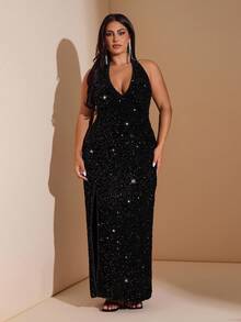 SHEIN BAE Rochie maxi cu decolteu în V și crăpături înalte, mărime plus, cu paiete - Negru - Vizualizare 4