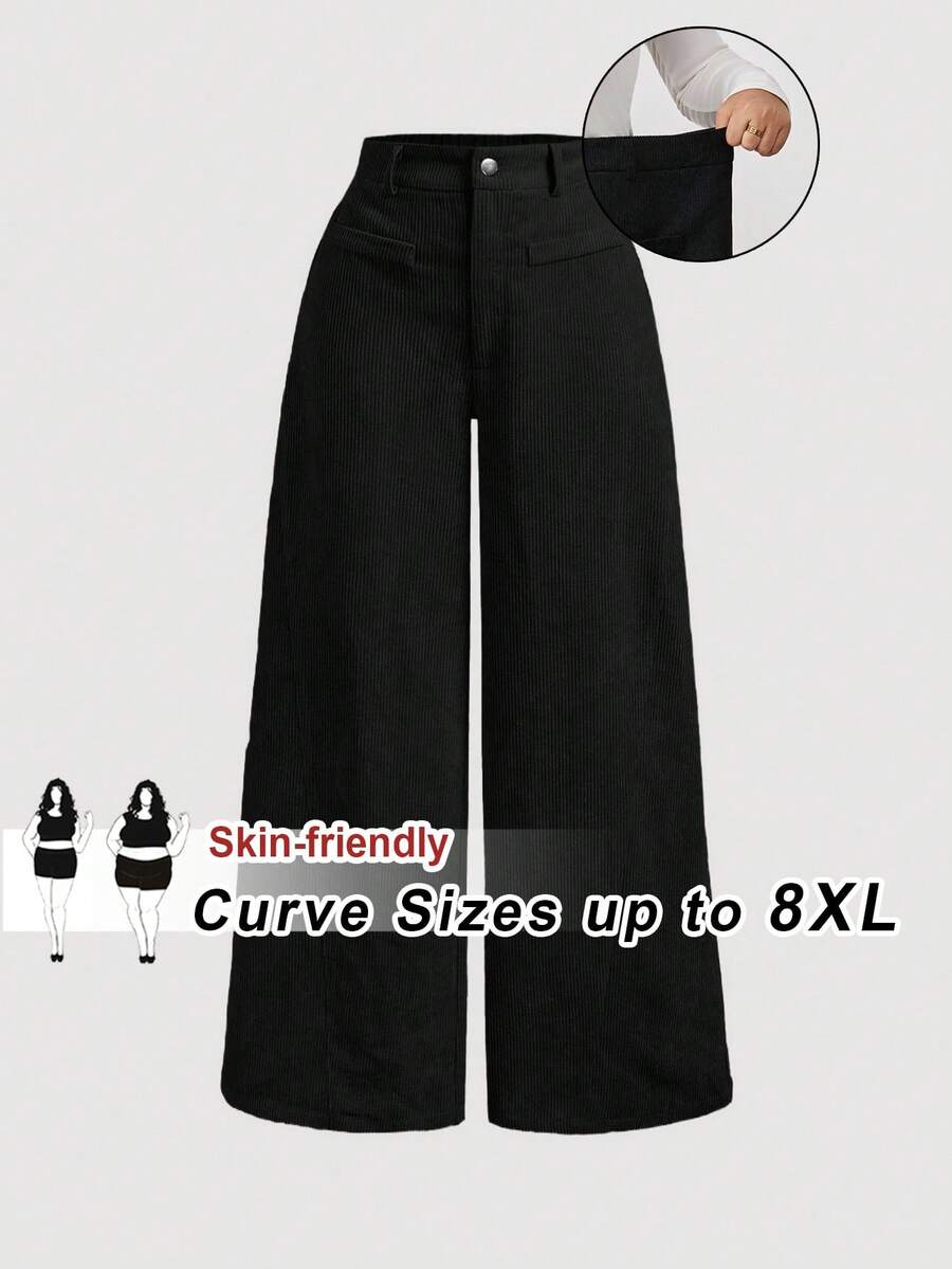 SHEIN CURVE+ Plus-Size Women's Solid-Colored Vintage Simple Daily Corduroy Ribbed Pants, Khaki Women's Pants, Wide-Leg Women's Pants/Autumn /Winter Fall - Black - View 1