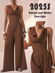 Zivah 2025 Autumn New Music Festival, Easter, St. Patrick's Day, Western, Nomadic, Birthday Party, Graduation, College Style, Student Wear, Daily Casual, All-Match Versatile, Leisure, Vacation, Cruise Travel, Beach, Sunbathing, Viral , Streetwear, Wedding Guest Boho, Commute, Brunch, Airport, Plunging Neckline Floral Metal Decor Sleeveless Brown Linen Textured Crinkle Fabric Wide Leg Jumpsuit