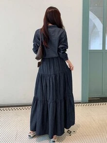 DAZY Women's Short Lapel Cardigan And Long Denim Skirt Casual 2 Pieces Set Fall/Winter