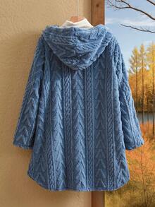Rusticease Textured Plush Warm Comfortable Button Decorated Hooded Plus Size Jacket ,Spring - Blue - View 2