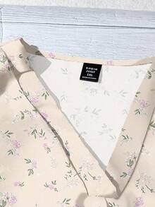EMERY ROSE Plus Size Floral Pattern V-Neck Casual Shirt, Suitable For Fall/Winter - Apricot - View 4