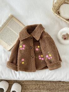 SHEIN Baby Girl Thick Fleece Embroidered Flower Collar Long Sleeve Jacket, Autumn/Winter Fall - Coffee Brown - View 3