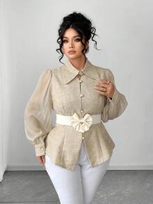 Elenzga Plus Size Women Fashion Elegant Waist Cinched Mesh Patchwork Slim Fit Blouse - Khaki - View 3