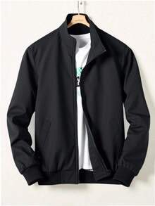 SHEIN Teenager Boys' Basic Black Jacket Back To School Casual Street Text Logo Embroidery Solid Color Versatile Comfortable Stand Collar Long Sleeve Jacket, Suitable For Commuting, School, Daily Casual, Travel, Sports, Party, Autumn/Winter Black Jacket Boys Teen Boys Jacket Zip Up Jacket Boys Fall Autumn And Winter