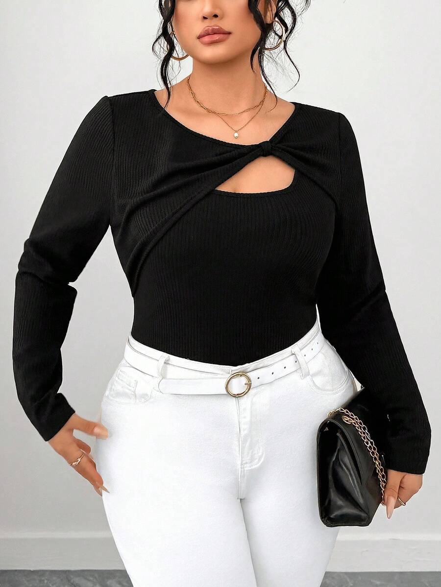 Elenzga Plus Size Women Asymmetrical Textured Fabric T-Shirt - Black - View 1