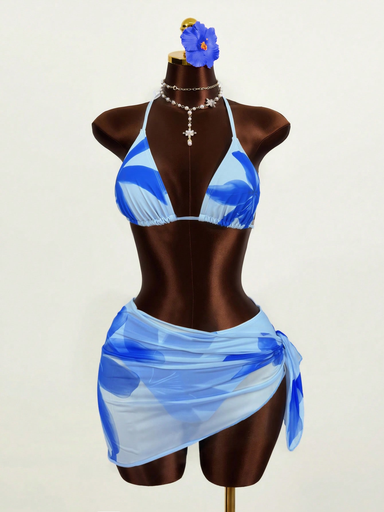 Zestiva 3pcs/Set Women's Floral Print Halter Neck Tie Back Sexy Bikini Swimsuit For Beach Resort For