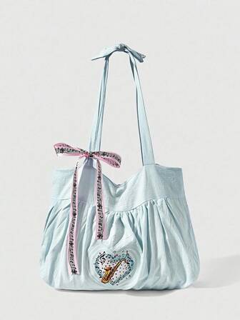 Anime Bolso de hombro de mujer con lazo retro, corazón, nota musical, estilo minimalista con lunares, flor de verano y nota musical, de gran capacidad, adecuado para el uso diario y festivales de música