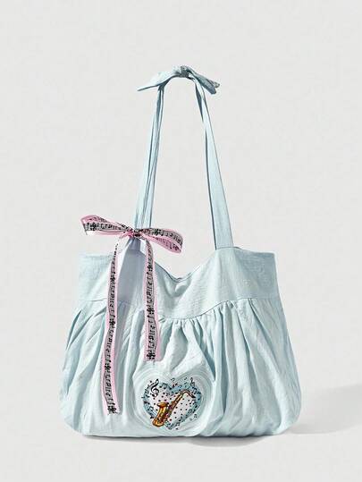 Anime Cute Bow Retro Heart Music Note Women's Shoulder Bag Minimalist Polka Dot Summer Flower Music Note Large Capacity Tote Bag, Suitable For Daily Commute And Music Festivals