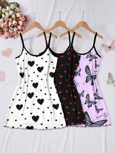 SHEIN 3pcs Women Heart & Bow Print Knit Camisole Nightgown Set