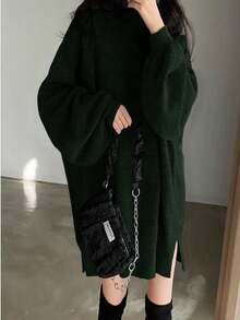 Almamuse 女式时尚休闲高领短款毛衣裙 - 墨綠色 - 查看 7