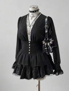 Sunspun Áo crop top tay dài màu xanh navy tối giản, thanh lịch, cổ chữ V cài nút phía trước, ôm sát eo, cổ chữ V khoét sâu, cỡ lớn, giúp thon gọn - màu đen - Xem 1