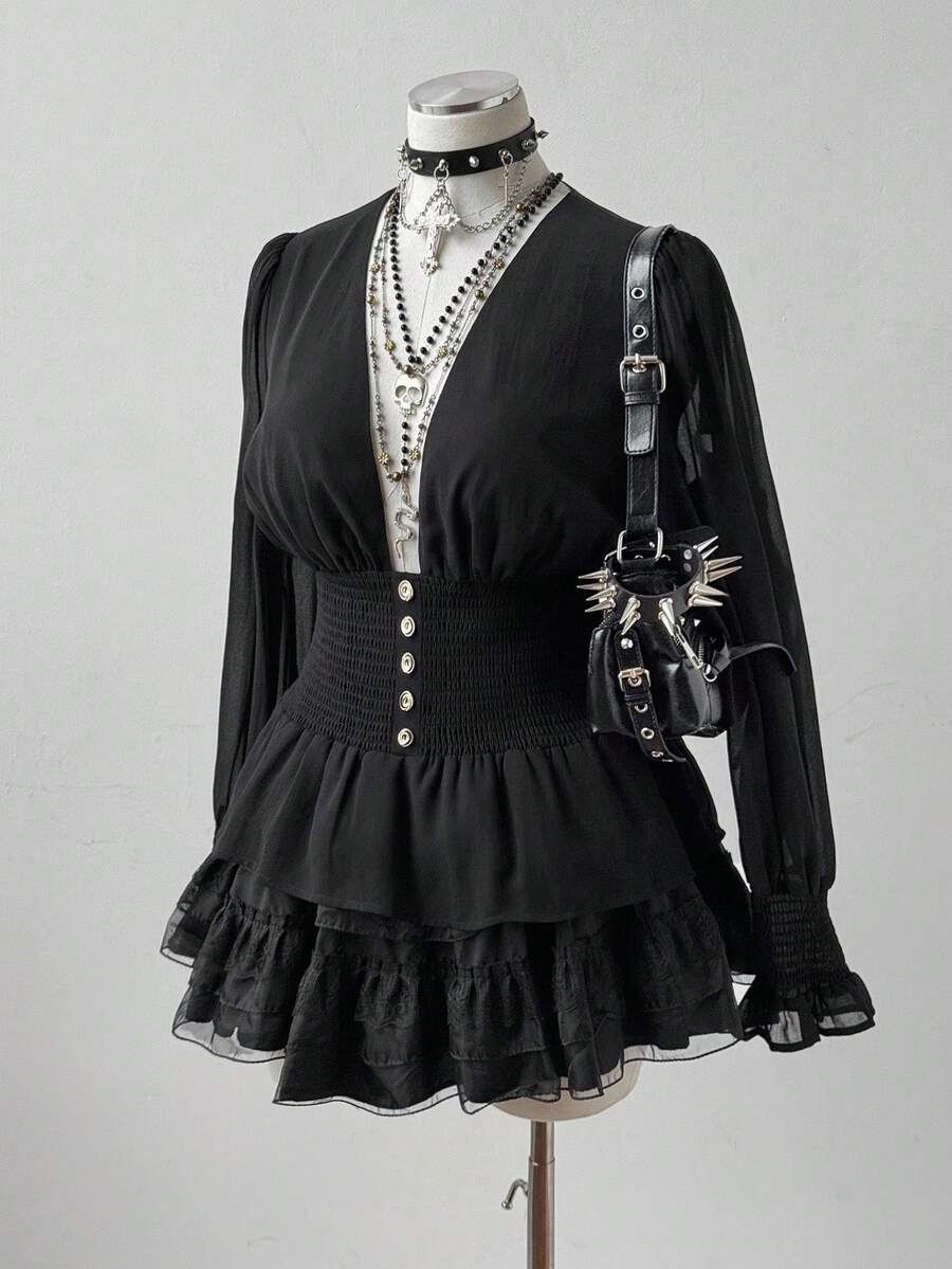 Sunspun Áo crop top tay dài màu xanh navy tối giản, thanh lịch, cổ chữ V cài nút phía trước, ôm sát eo, cổ chữ V khoét sâu, cỡ lớn, giúp thon gọn - màu đen - Xem 1