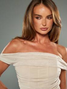 MISSGUIDED Off Shoulder Ruched Crop Top Strapless Bardot Style Mesh Blouse For Party Evening - Camel - View 5