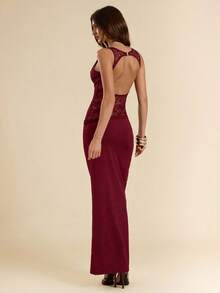 SHEIN BAE Váy ôm sát ren chắp vá không đối xứng màu đen, váy đi nghỉ gợi cảm - Màu Đỏ Sâu - Xem 4