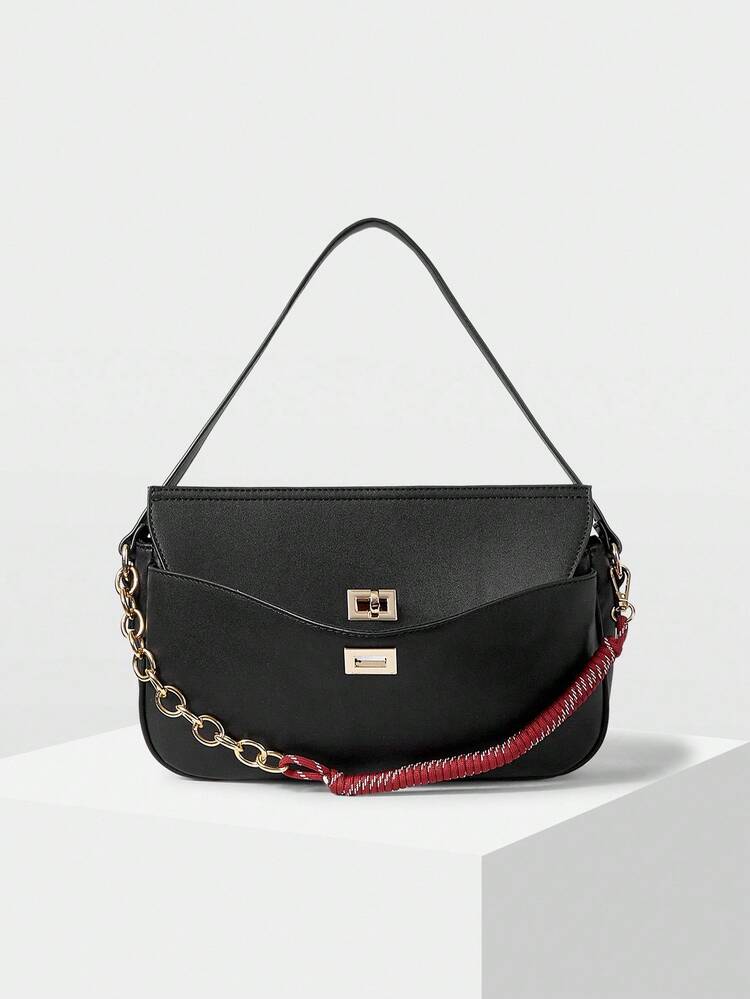 PU LEATHER CHAIN DETAIL SHOULDER BAG