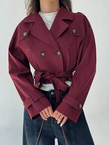 Aloruh Minimalist Commuter Brown Cinched Waist Waist Cropped Khaki Women Trench Coat, Suitable For Autumn - Coffee Brown - View 8