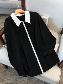 EMERY ROSE 大码女式法式长袖衬衫，初秋专业工作服衬衫 - 黑與白 - 查看 5