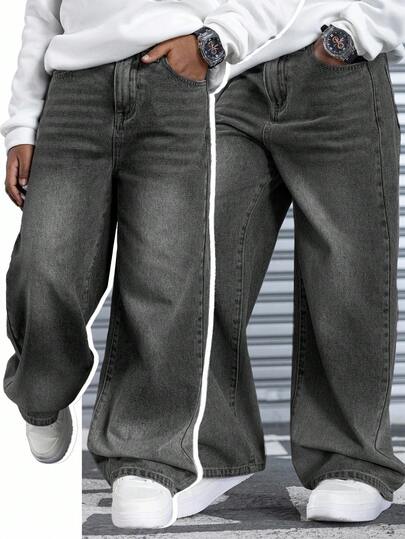 SHEIN 男童时尚休闲复古蓝色舒适宽松阔腿牛仔裤，适合男孩、男孩、感恩节、儿童日常穿着、春夏街头风、秋冬穿着。