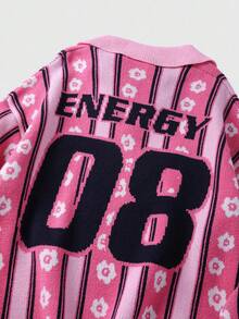 ROMWE MEN Prep 男士刺绣条纹提花针织毛衣，宽松短款，秋冬 - 粉色 - 查看 5