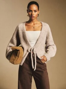 Poéselle Khaki Sweater,Women's Reversible V-Neck & Backless Tie Sweater – Soft Fuzzy Knit Pullover Top,Open Back Sweater, Backless Knit Sweater, Tie Back Jumper, Quiet Luxury Knitwear, Capsule Wardrobe Essential,Women's Casual Loose Knit Sweater With Back Tie Design And Drop Shoulder, Long Sleeve, Suitable For Autumn,Fall/Winter