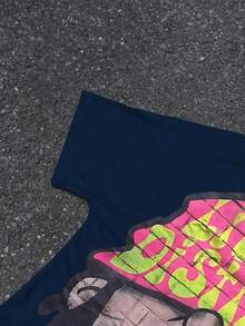 Manfinity Roghcode 男士截短圆领短袖T恤超大卡通头像图案ins街头宽松上衣 - 寶藍色 - 查看 4