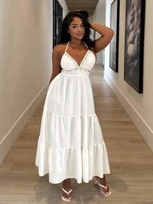 Alexandranx Vacation Casual Embroidered Lace Up Backless A-Line Dress - White - View 4