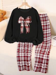 Teen Girls 2 Pieces Pajama Set, Butterfly & Plaid Print Milk Silk Black Long Sleeve Top And Loose Comfortable Plaid Pants, Back To School Fashion Fall Winter - Black - View 1