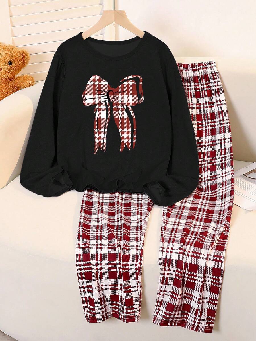 Teen Girls 2 Pieces Pajama Set, Butterfly & Plaid Print Milk Silk Black Long Sleeve Top And Loose Comfortable Plaid Pants, Back To School Fashion Fall Winter - Black - View 1
