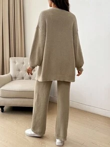SHEIN Maternity Solid Color Minimalist Long Sleeve Top And Pants Sweater Set, Everyday Wear - Khaki - View 2